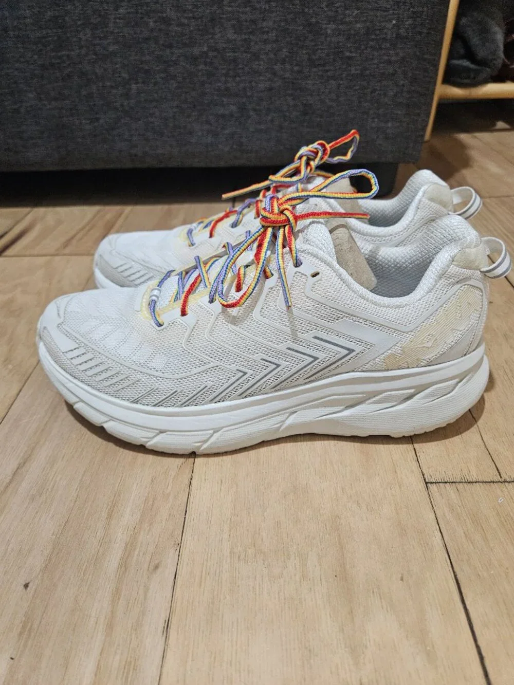 Hoka x Outdoor Voices Clifton Sneaker in White / Rainbow Laces (8)